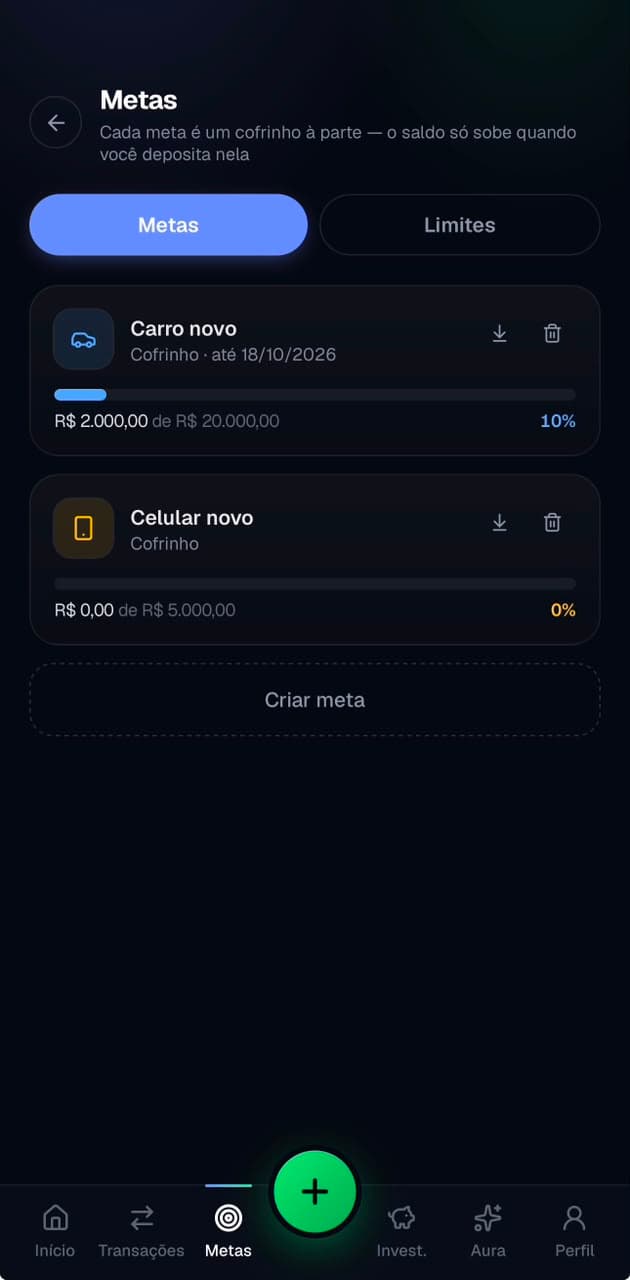 Metas de economia com cofrinhos separados
