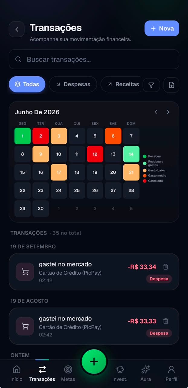 Calendário de transações do mês