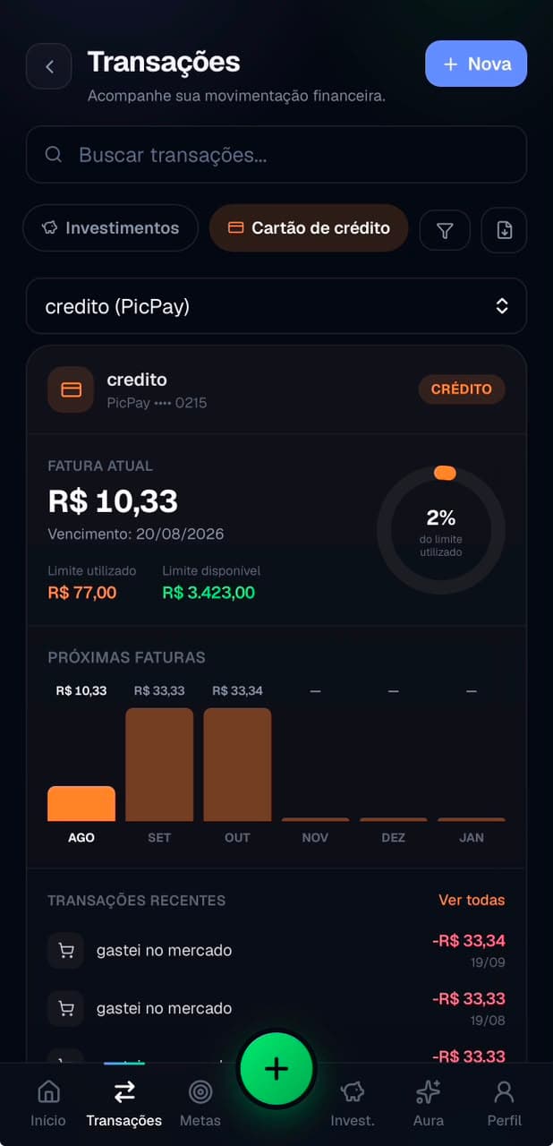 Detalhe da fatura do cartão de crédito
